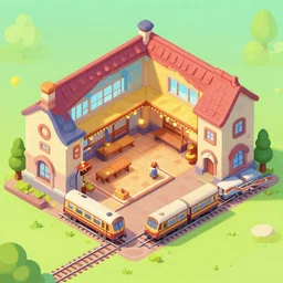 isometric colorfull building interior, small village railway station with train fantasy
