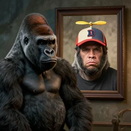 Gorilla standing beside a framed portrait of a man wearing a novelty cap with a propeller, hyperrealistic, concept art, 8k, artstation, cinematic, volumetric lighting
