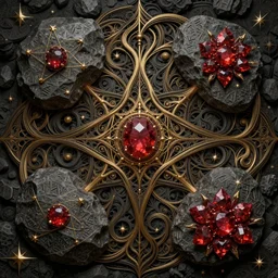 an intricate background design with deep and intricate rune stones and rubies bursting flowers, and twisting intricate golden linework lovecraftian by dan mumford, atomic stars, digital art, photorealistic, highly detailed, intricate