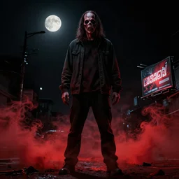 movie poster of a horror movie with a ugly serial killer, black background, red smoke on the floor, moonlight, commercial billboard, hyperdetailed, artstation, cgsociety, 8 k
