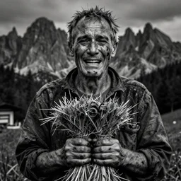 old hand holding hay reaps, scars, smeared with oil and dust, dirty fingernails, centered, no repition, dark, black and white, dolomites in background, crying, missing teeth, thin hair, dolomites, dark, eerie, despair, portrait photography, artstation, digital art, adward winning
