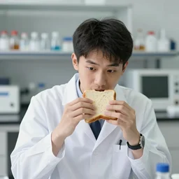 a scientist eating a sandwich in a laboratory