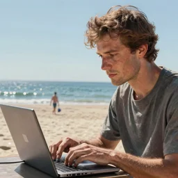 concept art of a man working on laptop at sunny beach, by albrecht anker, lucian freud, perfect face, fine details