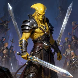 ( ( ( half length portrait of yellow - skinned alien githyanki warrior holding a magical silver sword, in the astral plane ) ) ), d & d, fantasy, medieval, greg rutkowski, frank frazetta, alexandre chaudret, boris vallejo, michael whelan, miro petrov, hr giger, magali villeneuve, donato giancola