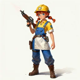 sketch portrait of digital portrail of a girl engineer with yellow shirt and blue overalls and brown boots and red pigtailed hair and a yellow mechanic hat holding a brown elecrtic rifle and has a mechanical turret that shoots lasers, white polygonal dress, blue eyes, folded cuffed sleeves, intricate, elegant, highly detailed, digital painting, artstation, concept art, smooth, sharp focus, illustration, art by artgerm and greg rutkowski and alphonse mucha and wlop and maya takamura