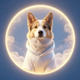 a portrait of a dog wearing a robe in heaven, circular, glowing, circle, unreal engine, octane render, artstation, digital art.