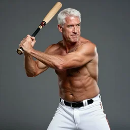 a photo of a shirtless, muscular, mike pence, swinging a baseball bat. professional photo shoot.
