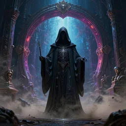 center view of an extremely detailed intricate concept art of hooded necromancer in front of a lovecraft portal, wide - angle portrait photography, by android jones and greg rutkowski, synthwave color scheme, cinematic lighting, dark vibes, trending on artstation, volumetric dust, beautiful composition, intricate, elegant, pro photography by, highly detailed, gaston bussiere, craig mullins, vivid colors