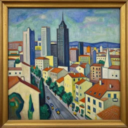 A painting of a city in the style of Picasso