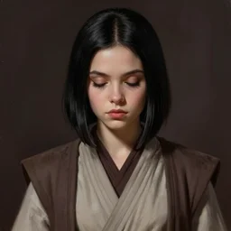portrait of a woman by greg rutkowski, young jedi knight, black bob hair, goth girl vibes, sleepy eyes, star wars expanded universe, she is about 2 0 years old, wearing jedi robes highly detailed portrait, digital painting, artstation, concept art, smooth, sharp foccus ilustration, artstation hq