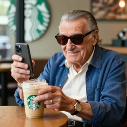 stan lee sitting inside a starbucks and taking a picture of his drink cup with his i phone 1 2, black and white photo, real, photorealistic