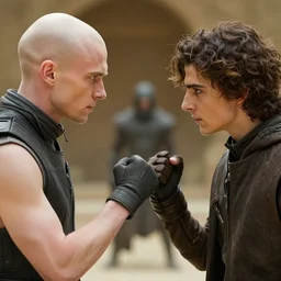 dagger-fight: bald_hairless_Austin_Butler_as_Feyd-Rautha_Harkonnen versus Timothee_Chalamet_as_Paul_Atreides, in an arena fight-pit, film still from movie Dune-2021, golden ratio, clear gaze, detailed eyes, detailed faces, 4k, 8k