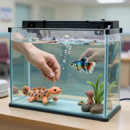 fish tank in hospital waiting room. hands in tank. plasticine model of newt. figures clay. weird. surreal. fish tank strange. bubbles. tilt shift. tank. fighting fish. aquatic photography. photorealistic.