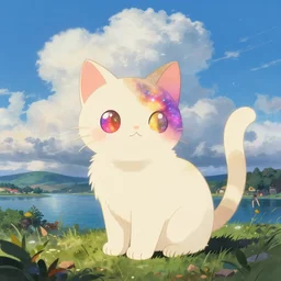 A beautiful illustration of a >a colorful nebula kitten galaxy colored Ecru, art by J.M.W. Turner< in the distance landscape surrounded by a lake, hills, blue sky with big clouds by greg rutkowski,borisut chamnan, makoto shinkai and thomas cole, graphic art, anime culture,featured on behance, digital art wallpapers