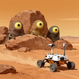 on mars, three eyed Martians are hiding behind rocks while a nasa rover rolls around in the style of James Gurney