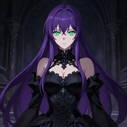 full anime portrait by kurone mishima of beautiful necromancer woman in the darkness, face details, black ornamental dress, corset, purple straight hair, pale skin, green eyes, high fantasy, dnd, highly detailed, digital illustration, light novel cover art