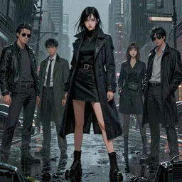 young female detective long tailored overcoat, dress, combat boots, in a dark city in the rain, surreal, comic book, concept art by enki bilal, sam kieth, shinji aramaki, greg rutkowksi, andrew ferez