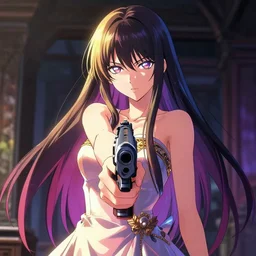 portrait girl in an elegant dress holding a gun, long straight hair, colourful, pretty face, intimidating expression, glowing eyes, anime style by greg rutkowski rossdraws makoto shinkai, adobe illustrator, trending on pixiv, behance