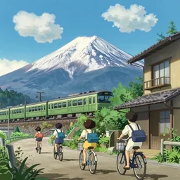 blue sky and white clouds, mount fuji in the distance, and a train speeding by in the middle view. close up a japanese villa, girls riding bicycles and carrying school bags on an uphill road, animated film of'totoro'from miyazaki hayao
