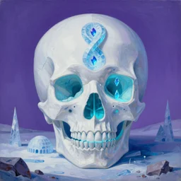 detailed realistic geometric painting of a diorama of a mandelbulb white masonic temple inside of a hollow skull carved out of illuminating cyan light in the purple frozen tundra with ruy gems in ice double helix igloo stacked like jenga symmetry by alex grey