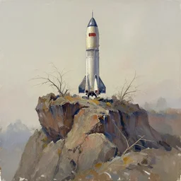 abandoned rocket ship, distant knotted branches, extremely detailed rocky crag, unfinished canvas, dry brush texture, strokes visible, wash