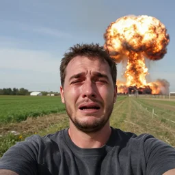 a man taking a selfie, he is crying, in the background is a nuclear explosion, he is on a farm, highly realistic, very detailed.