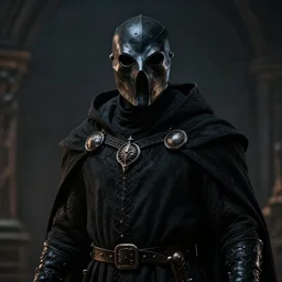 an amphibious humanoid wearing a black plague doctor mask, wearing black medieval robes, style by donato giancola, wayne reynolds, jeff easley dramatic light, high detail, cinematic lighting, artstation, dungeons and dragons