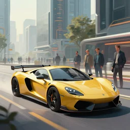 sport car in a future city, on the street. style by simon bisley, ismail inceoglu, wadim kashin, filip hodas, benedick bana, and andrew atroshenko.