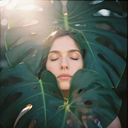 An analog head and shoulder face photography of a woman behind big Monstera leaves by Annie Leibovitz. closed eyes. Kodak Portra 800 film. Depth of field. whirl bokeh. Sunshine. detailed. hq. realistic. warm light. muted colors. Moody. Filmic. Dreamy. lens flare. Leica M9, f/1.2, symmetrical balance, in-frame