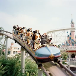 film still of dogs riding a roller coaster in disneyland paris, fear, 8 k