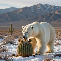 A polar bear in Death Valley, munching on a sagauro cactus, on a snowy day