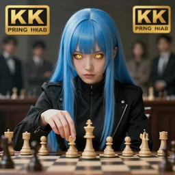 female playing chess, with golden!! eyes!!, straight sky blue hair, long bangs, black jacket, high collar, concept art, award winning photography, digital painting, cinematic, by wlop, anime key visual, wlop, 8 k, by ross tran, chengwei pan, paul kwon,