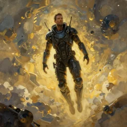 cyberpunk, full figure, man levitating at zero gravity, floating, epic pose, atmospheric lighting, painted, intricate, golden hour, ultra detailed by peter gric, giger, enki bilal
