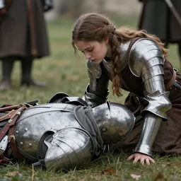 medieval poor girl leaning down by a wounded soldier wearing silver armour