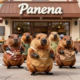 a group of beavers working at panera bread, wearing aprons