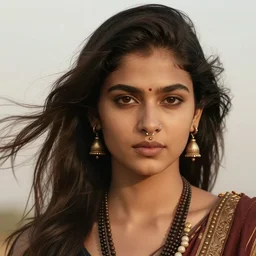 indian warrior, doutzen kroes, detailed perfect face, exquisite details, septum piercing!!!!, wind magic, upper body, design on a white background, by studio muti, greg rutkowski makoto shinkai takashi takeuchi studio ghibli