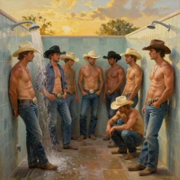 a beautiful painting 18 hot hard buff cowboys!! in the showers at Ram Ranch, hyperrealistic, golden hour, by Mark Maggiori, by Frank Tenny Johnson, trending on artstation