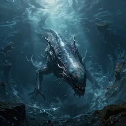 top down view of an alien leviathan emerging from a deep ocean during a storm, cinematic lighting, dramatic, masterpiece, trending on artstation