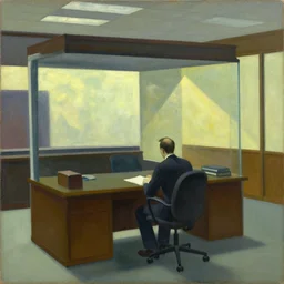 painting of a man, sitting at his desk alone, in a huge office, in the style of edward hopper