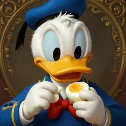 realistic photography of a terrified donald duck eating hard boiled eggs, deep focus, intricate, elegant, highly detailed, digital painting, artstation, concept art, matte, sharp focus, illustration, art by artgerm and greg rutkowski and alphonse mucha