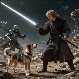 a Jedi with a dog, fighting a war, hyper realistic, future, space, medieval, 4k