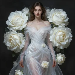 woman dressed in a vaporous wrapped large  victorian white roses semi -transparent silk  dress fashion, D&D, fantasy, intricate, elegant, highly detailed, digital painting, artstation, concept art, matte, sharp focus, illustration, art by Artgerm and Greg Rutkowski and Alphonse Mucha
