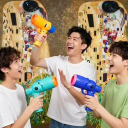 laughing and playing with bright colored 9 0 s supersoakers by waterhouse, craig mullins, ruan jia, gustave klimt