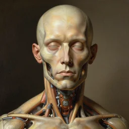 biomechanical portrait of human by wayne barlowe, rembrandt, leyendecker