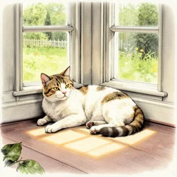 cat relaxing in a sunspot in a victorian house. color ink wash by award - winning mangaka, gothic horror, impressionism, depth of field, backlighting