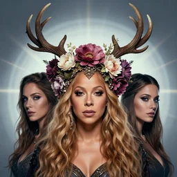 beautiful female character inspired by iceland and floral headdress mariah carey pagan wiccan viking antlers headdress full face constructionist portrait | | digital artwork made by greg rutswork, anna dittmann and lois van barlee, symmetrical strobe light, anatomically correct