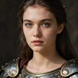 close - up portrait of beautiful model dressed gladiator with metallic armor, art by lois greenfield