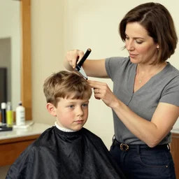 A proud mother cutting her son's hair artwork by Norman Rockwell