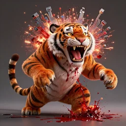 uhd hyperrealistic photorealisitc hyperdetailed detailed tony the tiger exploding, puking blood, screaming, with sparking circuits, studio lighting, by ayami kojima amano karol bak, greg hildebrandt and mark brooks