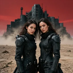 cinestill 5 0 d photographic portrait of two loving clones, beautiful women wearing rugged black techwear on a desolate plain with a red sky, extreme closeup, lizard on ground, cyberpunk style, in front of a brutalist dark metal facility, dust storm, 3 5 mm, 8 k, f / 3 2, high resolution, ultra realistic faces